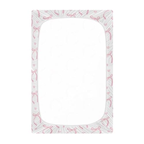 Image of Fitted Crib Sheets Coquette Pink Ribbon Bow Stretchy Portable Playard Sheets for Baby Toddler, Breathable Soft Mini Crib Mattress 39 x 27 in for Boys and Girls