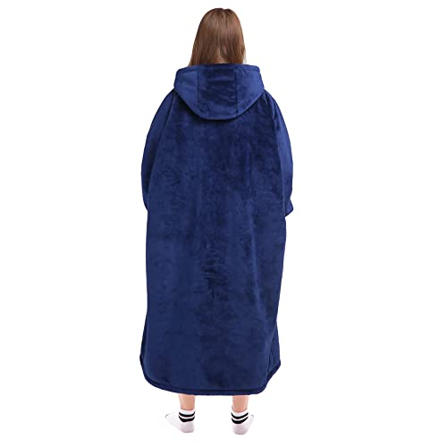 Image of Waitu Oversized Wearable Blanket Sweatshirt Gifts for Women and Men, Soft Sherpa Blanket Hoodie with Sleeves and Pocket, Warm Body Blanket Robe - Navy