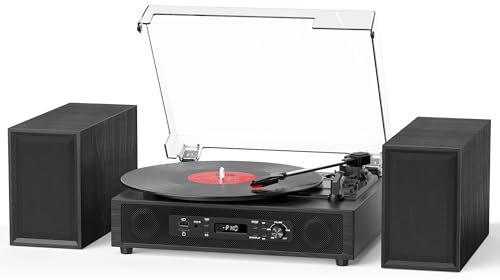 Vinyl Record Player with 4+2 External Stereo Speakers, Vintage Bluetooth 3-Speed Turntable with Dual Stackable Speakers, USB Recording Vinyl to Digital, RCA-Out& AUX-in,Black