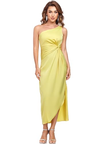 Image of Women's One Shoulder Satin Silk Backless Split Wrap Hem Twist Ruched Summer Party Cocktail Midi Dress