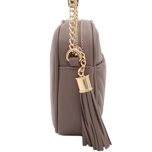 Image of FashionPuzzle Chevron Quilted Crossbody Camera Bag with Chain Strap and Tassel