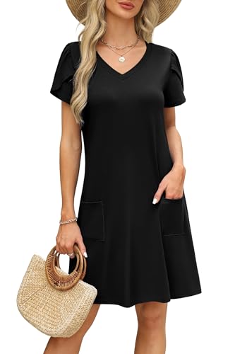 Image of OFEEFAN Womens Summer Dresses 2026 Tulip Petal Short Sleeve V Neck Loose Swing Sundresses with Pockets Plain /Print
