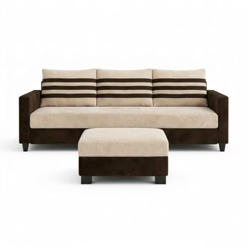 Image of Cavina 4 Seater L Shape Sofa Set with Movable Ottoman | Flexible Left or Right Layout | Luxury Velvet Suede Fabric | Modern Living Room Sofa | Dark Brown-Cream