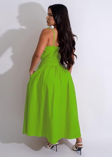 Image of YUEWOO Midi Dresses for Women Casual Summer Sundresses Vacation Outfits Spaghetti Strap Smocked Women Maxi Dress with Pockets