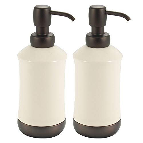 mDesign Ceramic Refillable Liquid Soap Dispenser Pump Bottle for Bathroom Vanity Countertop, Kitchen Sink - Holdsolds Hand Soap, Dish Soap, Hand Sanitizer, Essential Oils - 2 Pack - Ivory/Bronze