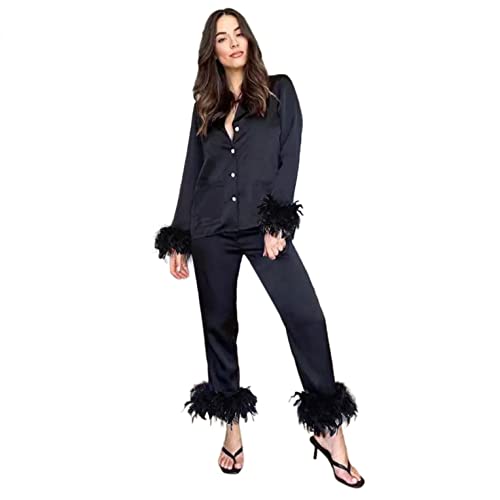 Conjunto de pijama de mujer con cuello en V y plumas de manga larga y parte inferior ropa de dormir para mujer con botones y ropa de dormir, Negro, S