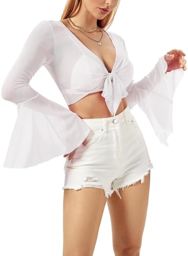 Rave Bell Haut Court en Maille pour Femme – Chemisier Fairycore à Manches Longues à Nouer sur Le Devant pour Festival EDC, Blanc, Taille L