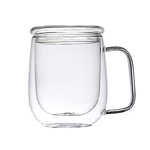 Tazas de café de vidrio de doble pared con asa, tazas de vidrio para café o té, vidrio con temperatura aislada, con tapa, perfectas para café con leche, capuchino, americano, té y bebidas (250 ml) Cover