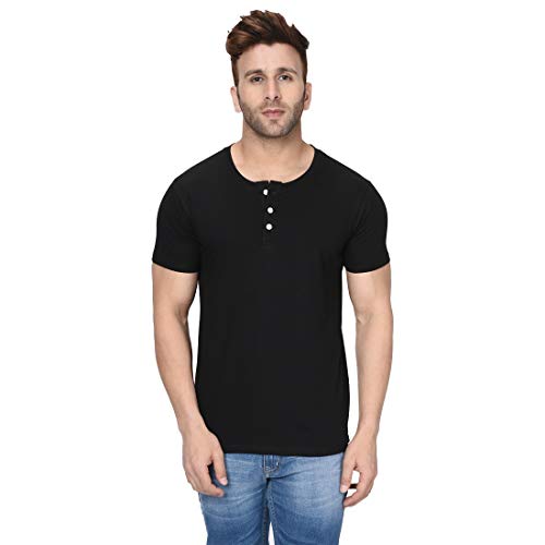 Image of London Hills Henley Neck T Shirt for Men | Tshirt for Man | T Shirt for Men | Mens Casual T Shirts | Cotton Blend Solid Half Sleeve Button Neck Slim Fit Casual Tee