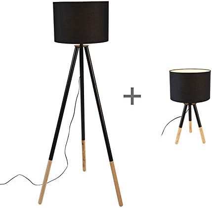 Qazqa QAZQA - Modern Set van tafel- en vloerlamp met kap zwart - Pip | Woonkamer | Slaapkamer | Keuken - Hout Rond - E27 Geschikt voor LED - Max. 1 x 40 Watt