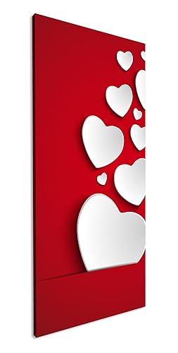 Tarjeta de color rojo rubí con corazones blancos, panorámica, 120 x 60 cm, como lienzo, diseño listo enmarcado en marco de madera auténtica, impresión digital de alta calidad con marco