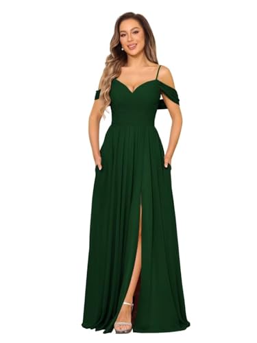 Damen Off Shoulder Chiffon Brautjungfernkleider Lange V-Ausschnitt Ballkleider A Linie Abendkleid...