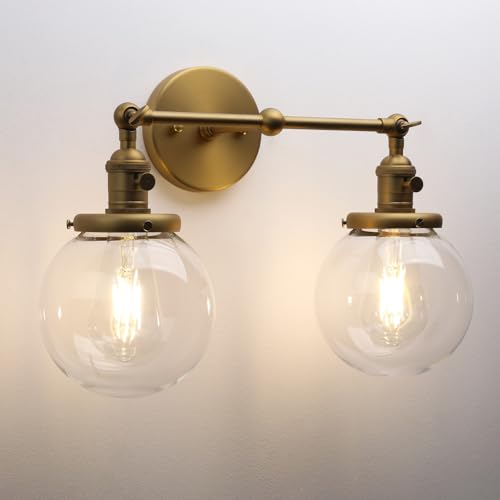Image of Phansthy Vintage Wall Sconce with Switch, 180 Degree Adjustable Hardwired Bathroom Vanity Light, Industrial Wall Light with 5.9 inch Globe Glass Shade for Living Room Kitchen (Antique Gold, 2-Light)