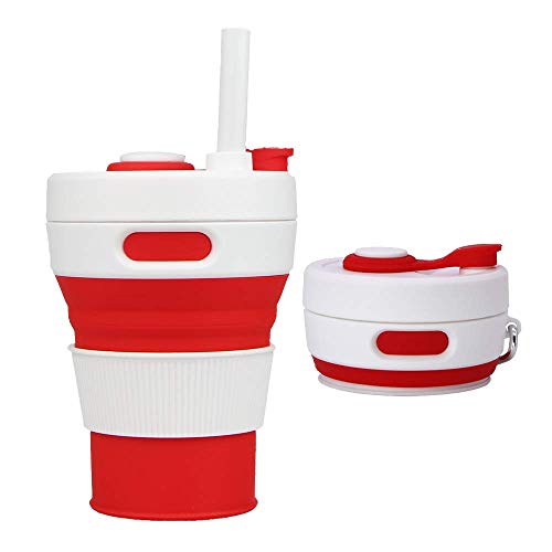 UNNESTAR Collapsible Camping Cup with Straw Silicone Folding Coffee Cup Sport Bottle Portable Travel Outdoor Car 450ml 16oz