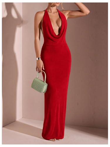 SOLY HUX Women's Halter Bodycon Maxi Dress Draped Sleeveless Backless Cocktail Party Long Dresses4