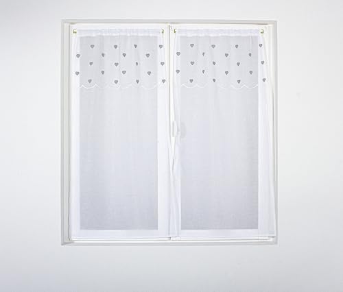 ED ENJOY HOME Paire de vitrages Blanc 60×90 cm, Passe Tringle, Broderie Cœurs Gris, pour Chambre et Salon