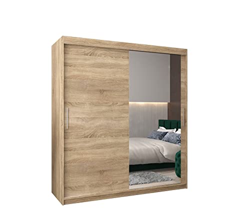 E- MEUBLES Armoire de Chambre avec 2 Portes coulissantes et Miroir, Penderie (Tringle) avec étagères (LxHxP): 180cmx200cmx62cm TORM 2 Chêne Sonoma