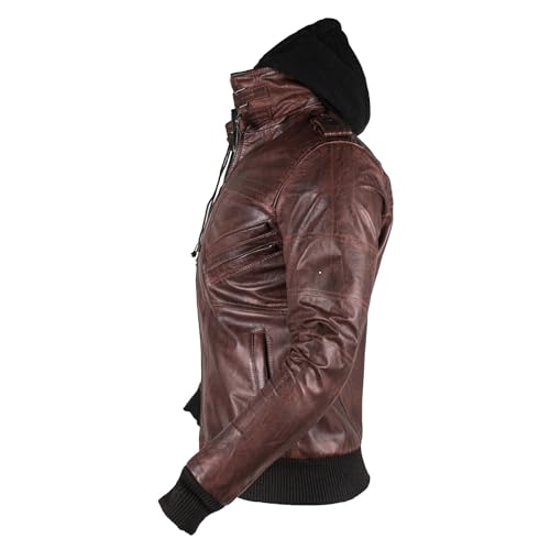 Image of Hooded Leather Jacket For Men | Bomber Leather Jacket Mens with Removable Hood
