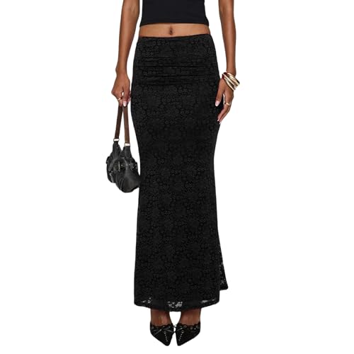 Women Y2K Floral Lace Midi Skirt Low Waist See Through Summer Spring Casual Party Wrap Half Dress Streetwear