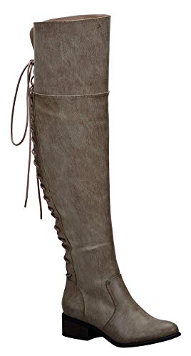 Women Leatherette OTK Back Lace Up Chunky Heel Boot GB13 - Beige