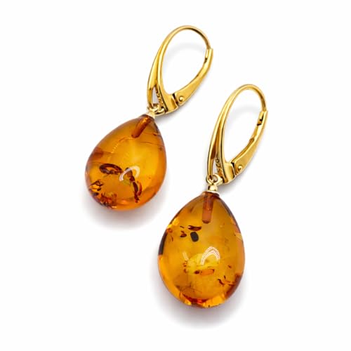 Baltic Amber Gold Plated Sterling Silver Lever Back Drop Teardrop Earrings