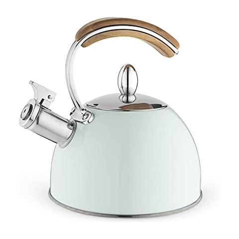 Pinky Up Presley Tea Kettle, Stovetop Stainless Steel Kettle, Whistling, Tea Accessory gifts, Fast Boil Water Kettle, Wooden Handle, 70 oz, Pistachio Cover