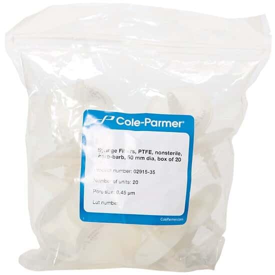 Cole-Parmer PTFE Syringe Filters, Non-Autoclave, Barb-Barb, 0.45 µm, 50 mm Dia: 20/Box