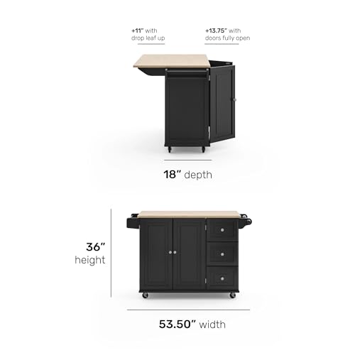 Image of Homestyles Dolly Madison Black Mobile Kitchen Island Cart with Wood Drop Leaf Breakfast Bar
