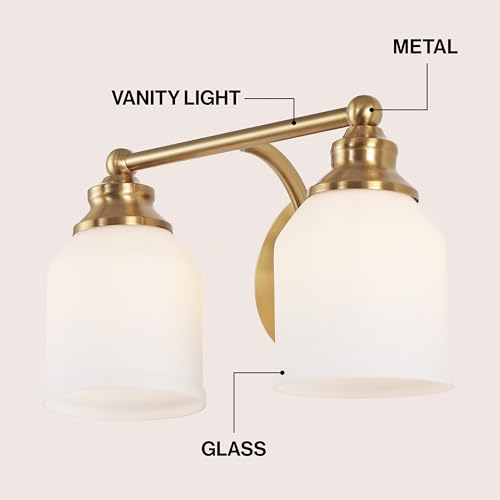 Image of JONATHAN Y 14 inch Brass Gold /White Modern Farmhouse LED Vanity Light Wall Sconce Fixture, Frosted White Glass Shade, Dimmable Wall Lamp for Bathroom Mirror Kitchen Sink, UL Listed (JYL7550B)