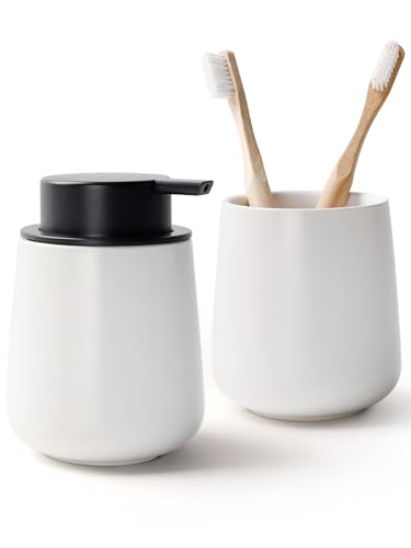 Image of Bosilunlife Soap and Toothbrush Holder Set - Ceramic Bathroom Accessories Set White Liquid Hand Soap Dispenser Set for Bathroom Toothbrush Holder and Soap Dispenser Set