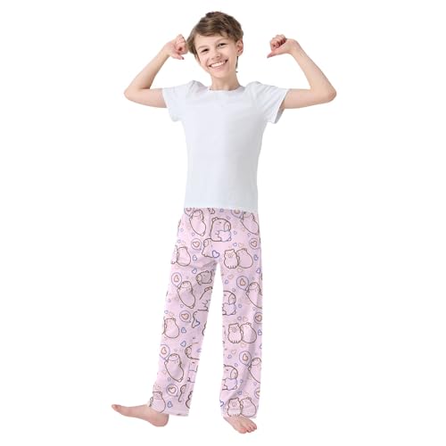 Cute Capybara with Hearts Pink Cute Pajama Pants, Soft Sleepwear Lounge Pants Pajama Pj Bottoms for 6-14 Years3