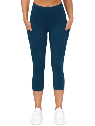 Image of THE GYM PEOPLE Thick High Waist Capris Yoga Pants with Pockets, Tummy Control Workout Running Yoga Leggings for Women