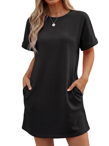 GRECERELLE Kleider Damen Sommer Kurzarm Strandkleid A-Linie Elegant Rundhals Sommerkleider mit Taschen Einfarbig Summer Dress Tshirt Kleid Leicht und...