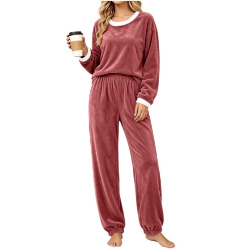 Womens Flannel Pajamas Set Long Sleeve Crew Neck Top Cuffed Jogger Pants - image 7