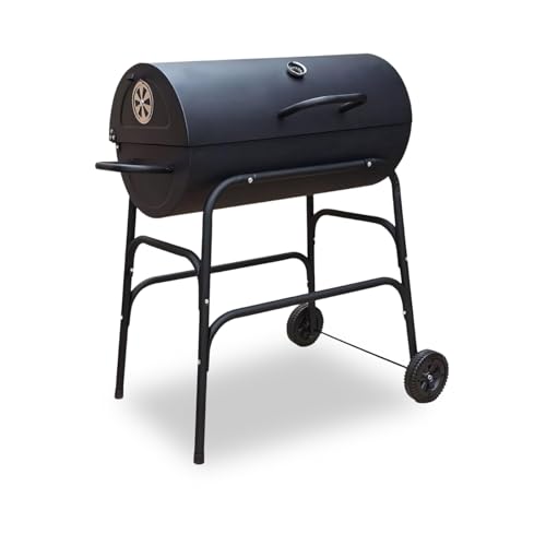Oil Drum BBQ Grill Patio Charcoal Camping Barbecue Rounded Barbecue on Wheels Black Heavy Duty Portable Charcoal Smoker Grills with Wheels Stand BBQ for Outdoor & camping Barbeque