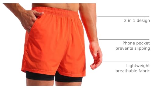 Image of Pudolla Men's 2 in 1 Running Shorts 5 inch Quick Dry Gym Athletic Workout Shorts for Men with Phone Pockets