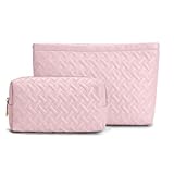 Viverte 2 Pieces Makeup Bag Toiletry Bag for Women Vegan Leather Travel Cosmetic Make Up Brush Bag Pack Travel Vacation Essenitial for Purse (Pink)