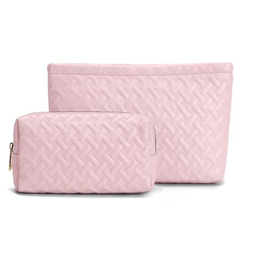 Viverte 2 Pieces Makeup Bag Toiletry Bag for Women Vegan Leather Travel Cosmetic Make Up Brush Bag Pack Travel Vacation Essenitial for Purse (Pink)