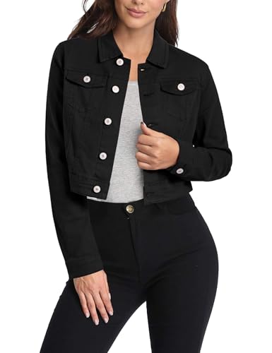 Vetinee Jean Jacket Woman Crop Jackets for Women Women's Casual Jackets True Black Casual Jacket Women True Black Medium Fits US Size 8 to 10