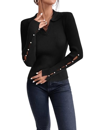 Verdusa Women's Pearl Sweaters Split Long Sleeve Collar V Neck Fitted Pullovers