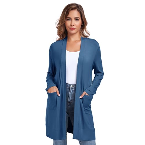 TownCat Damen Strickjacke Lang Mit Taschen Langarm Offener Strickmantel Cardigan Damen Lang Elegant Dünn Kultivieren Lässig Leichte Belüftung Marine XXL