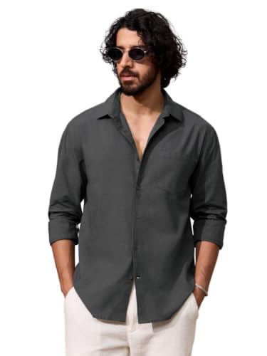 Image of The Souled Store Cotton Linen: Men and Boys Long Sleeve Spread Collar Solid Cotton Relaxed Fit Easy to Style Everyday Office Wear Cotton Linen Shirts