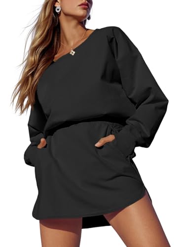 Fisoew Womens Long Sleeve Athletic Dress Backless Keyhole Built-in Shorts Oversized Workout Active Dresses