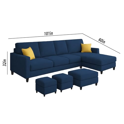 Image of Casaliving Rolando Seater L Shape Sofa Set for Living Room Left Side (Blue, 6 Seater with Ottomon - RHS)