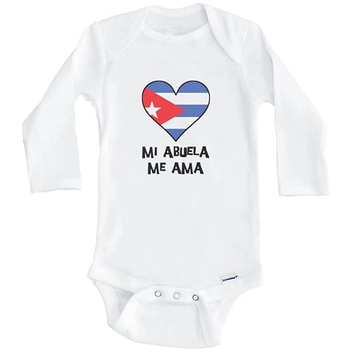 My Grandma Loves Me Spanish Language Cuba Flag Heart One Piece Baby Bodysuit - Mi Abuela me AMA (Long Sleeve)