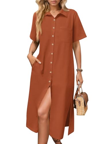 Image of HOTOUCH Womens Dress Summer Casual Midi Short Sleeve Button Down Shirt Dresses Beach Cover Up with Pockets
