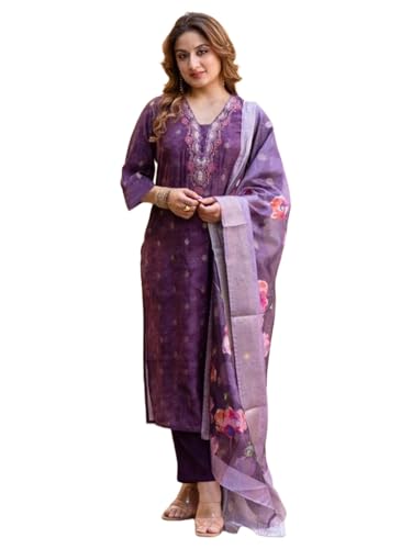 Ensemble kurta ethnique brodé trois pièces en viscose avec pantalon coupe droite pour femme
