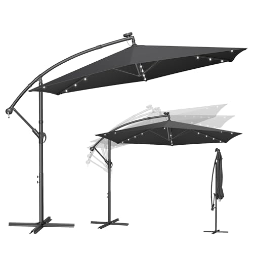 SONGMICS Parasol Déporté avec 32 LED, 300 cm de Diamètre, Socle en Croix, Ombrelle, Protection UPF 50+, Manivelle d'Ouverture et de Fermeture, Jardin,...