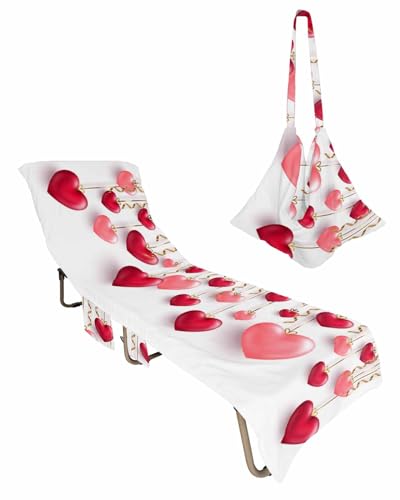 Valentine's Day Beach Chair Towel Covers for Chaise Lounge with Side Pocket, Soft Plush Pool Towels Cover for Patio Sunbathing Outdoor 29''x85'' Red Pink Heart Gold Ribbon