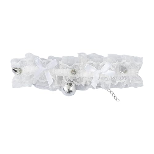 MSemis Damen Halscohoker Spitze Rüschen Halskette mit Glöckchen Anhänger Dienstmädchen Choker Armbänder Cosplay Party Weiß Choker One Size